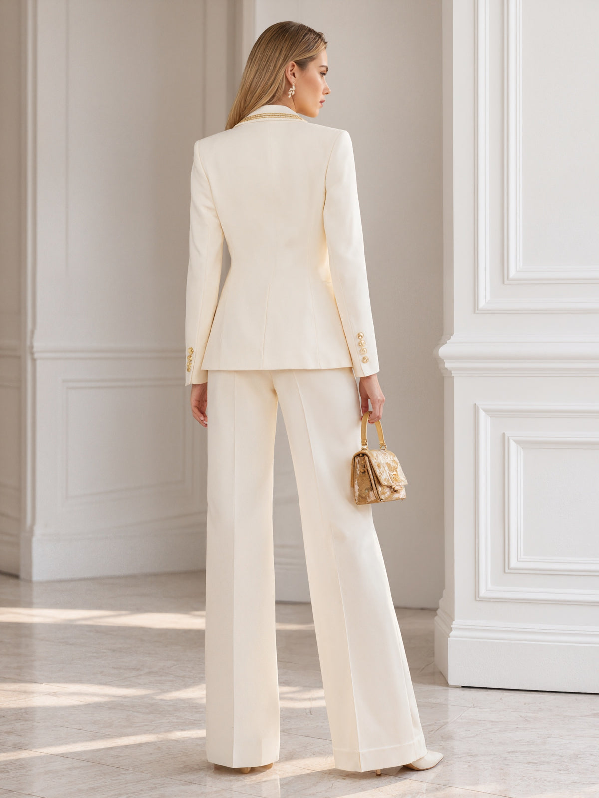 Cream Colored Single Breasted Blazer With Peak Lapels And Wide Leg Pants 2-Piece Suit