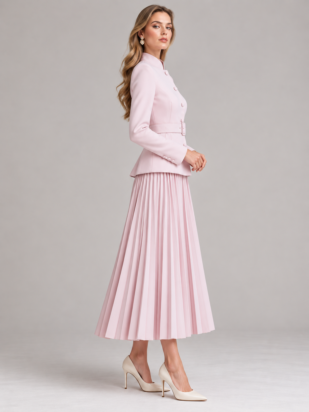Light Pink Stand Collar Blazer And Midi Skirt 2-Piece Suit