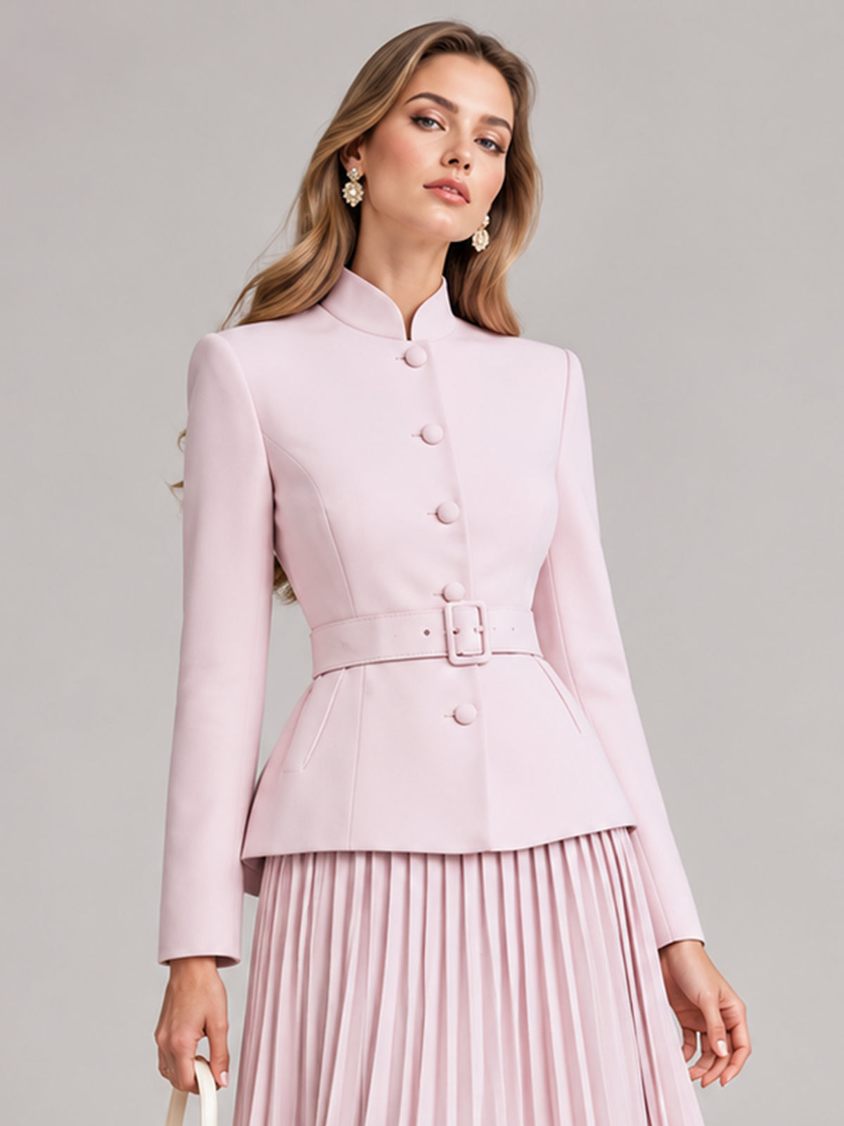 Light Pink Stand Collar Blazer And Midi Skirt 2-Piece Suit