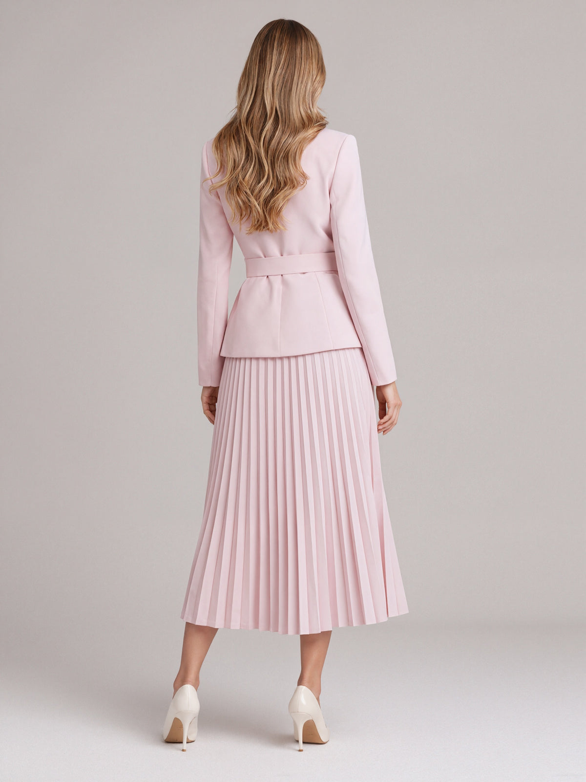 Light Pink Stand Collar Blazer And Midi Skirt 2-Piece Suit