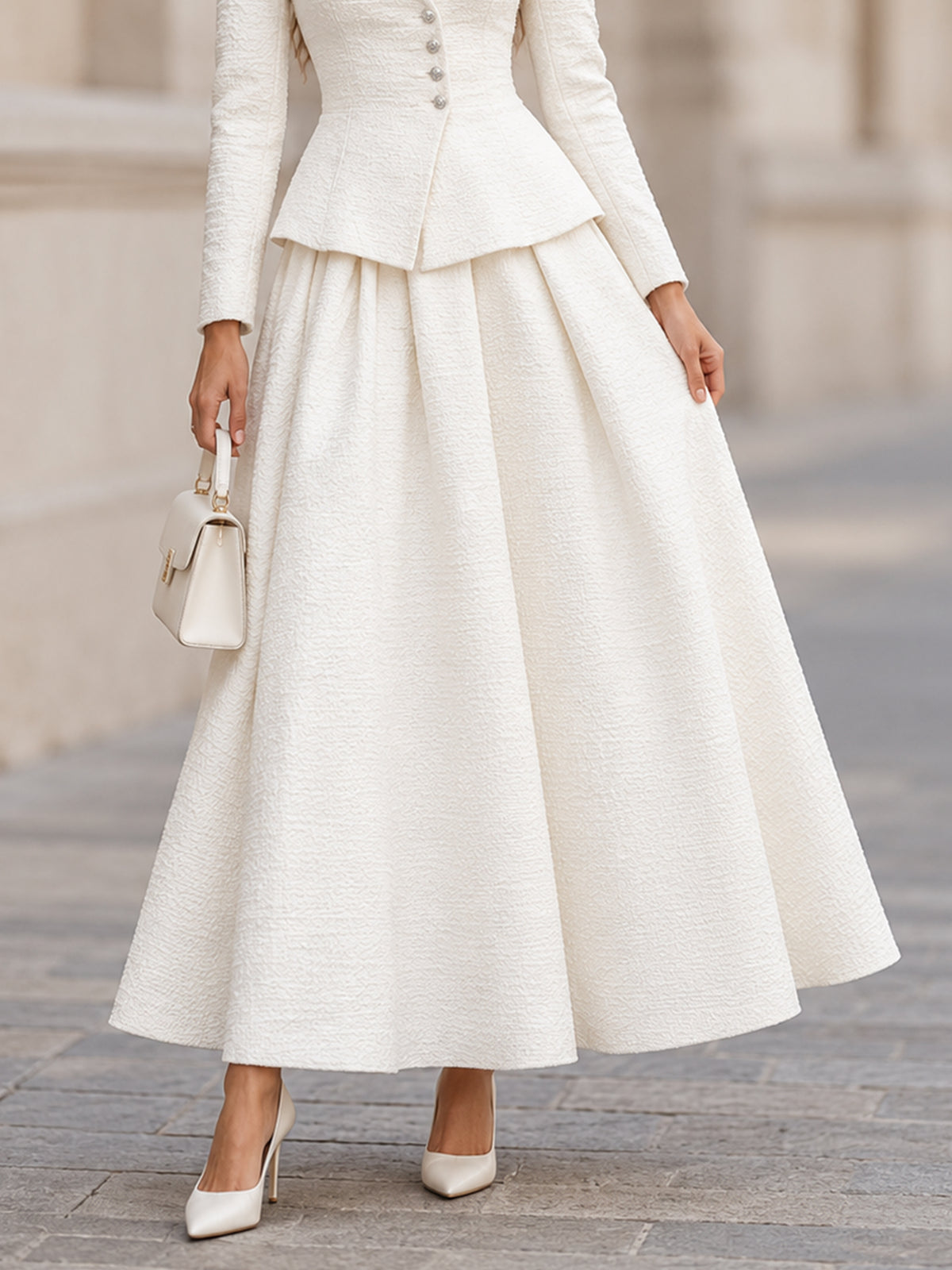 White V-Neck Single Breasted Blazer And Midi Skirt 2-Piece Suit