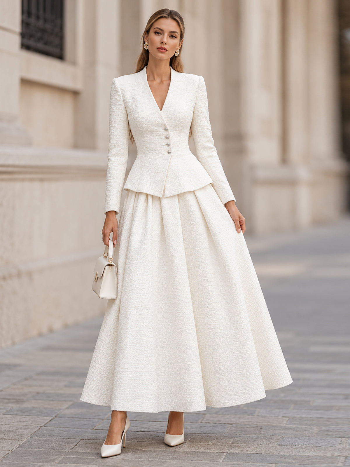White V-Neck Single Breasted Blazer And Midi Skirt 2-Piece Suit