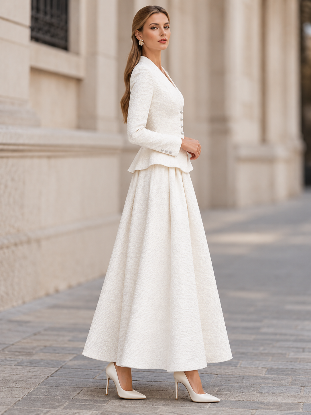 White V-Neck Single Breasted Blazer And Midi Skirt 2-Piece Suit