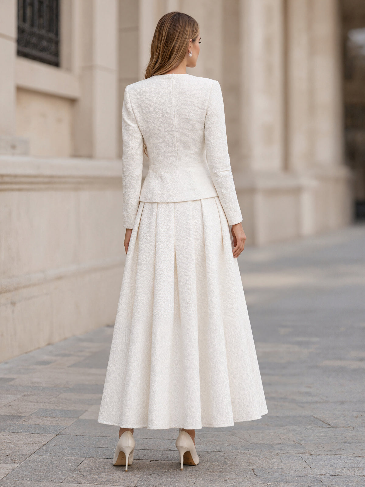White V-Neck Single Breasted Blazer And Midi Skirt 2-Piece Suit