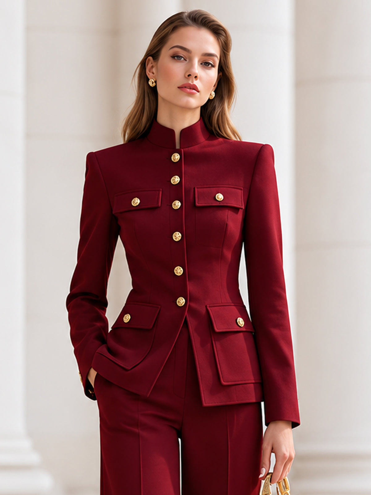 Red Single Breasted Blazer With A Stand Collar And Wide Leg Pants 2-Piece Suit