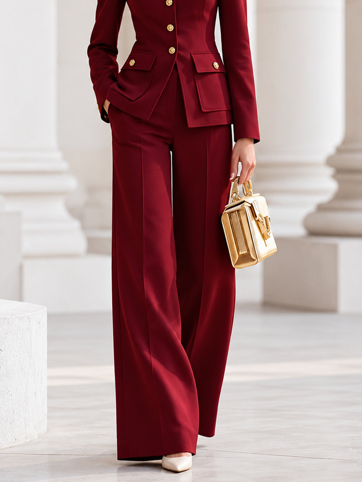Red Single Breasted Blazer With A Stand Collar And Wide Leg Pants 2-Piece Suit