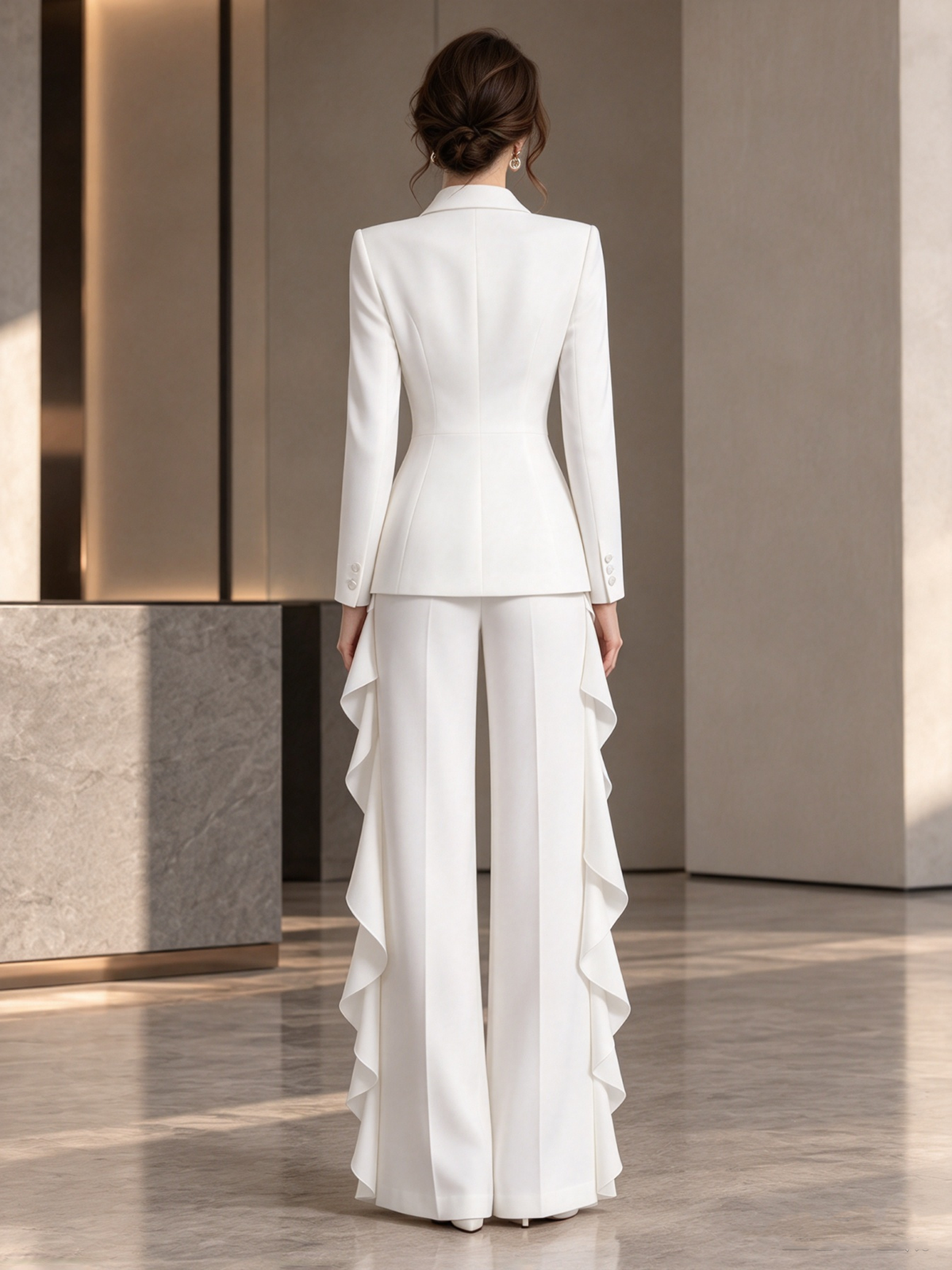 White Shawl Lapel Single Button Blazer & Ruffled Wide Leg 2-Piece Suit