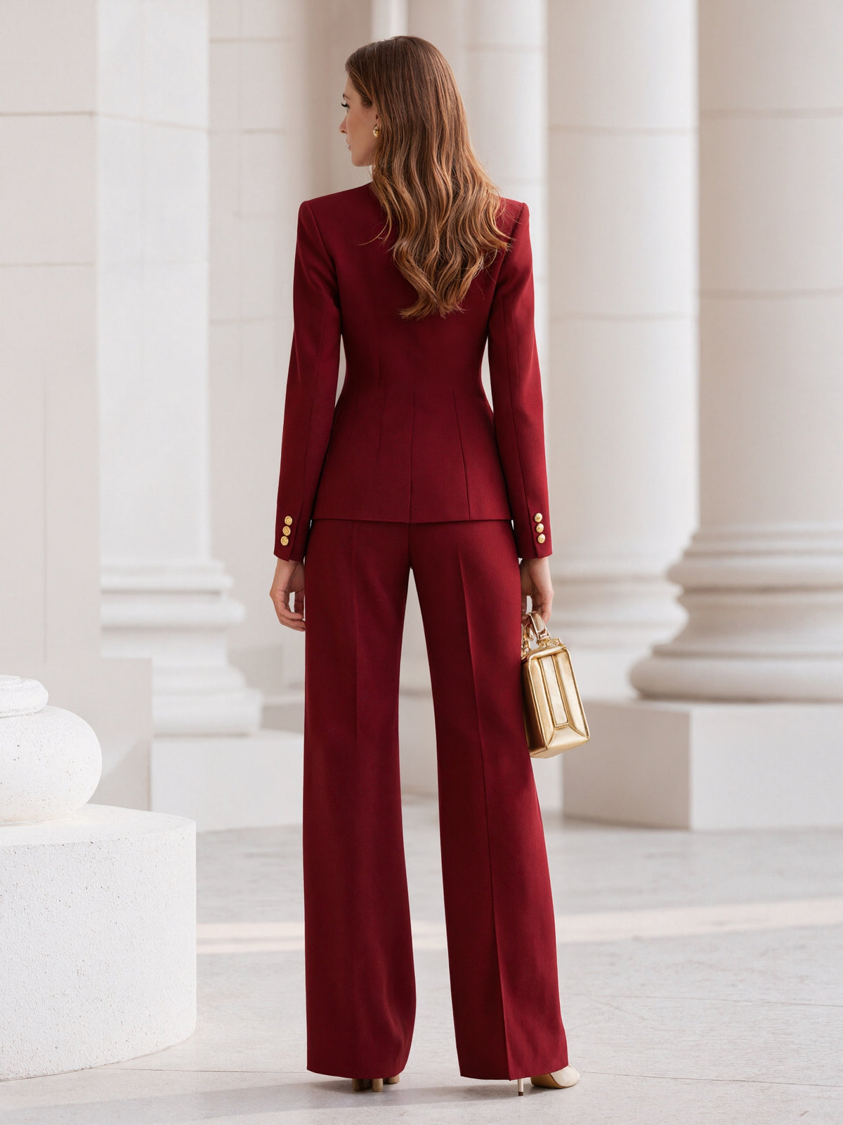 Red Single Breasted Blazer With A Stand Collar And Wide Leg Pants 2-Piece Suit