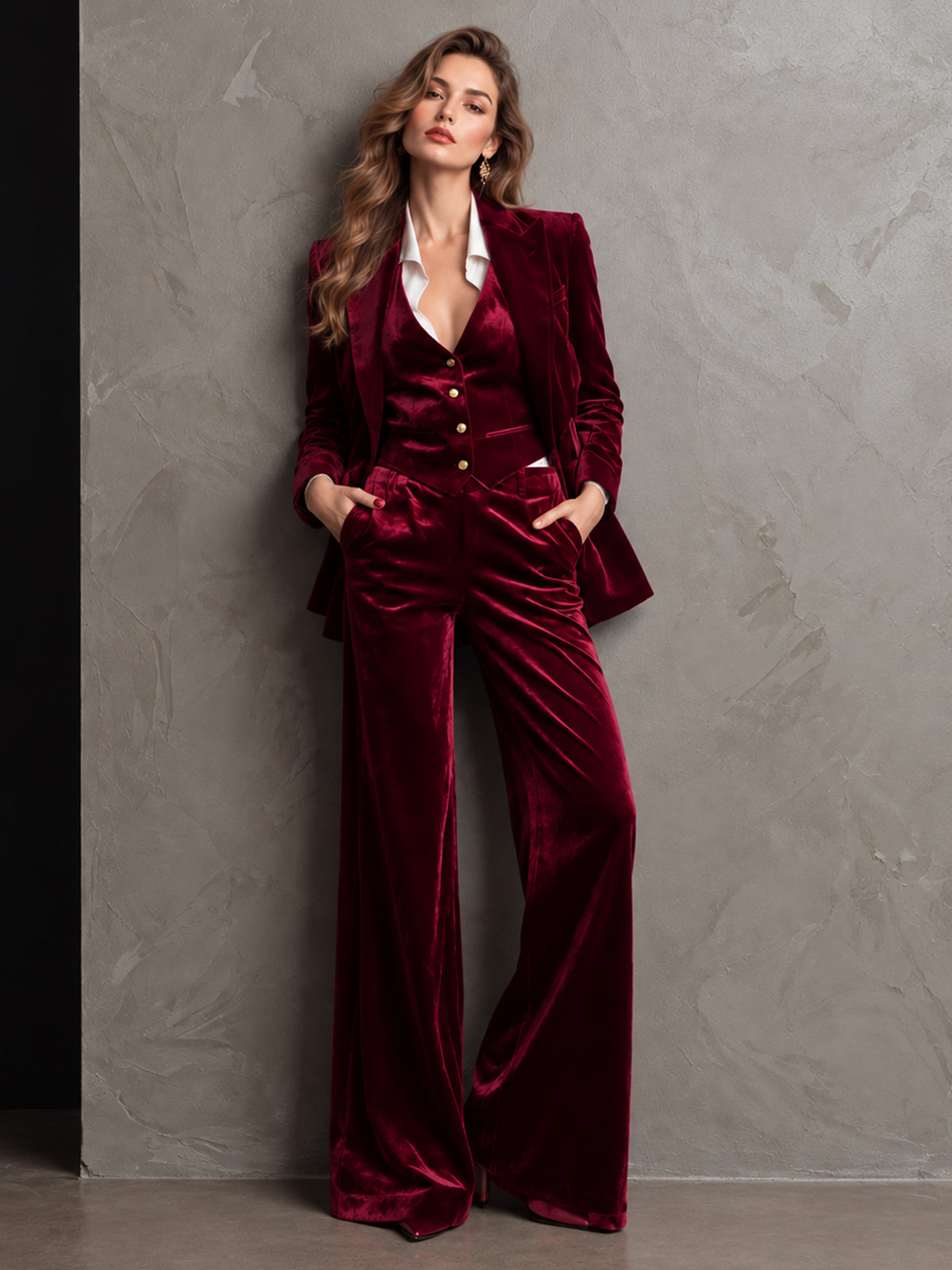 Burgundy Velvet Single Breasted Blazer & Vast And Wide Leg Pants 3-Piece Suit