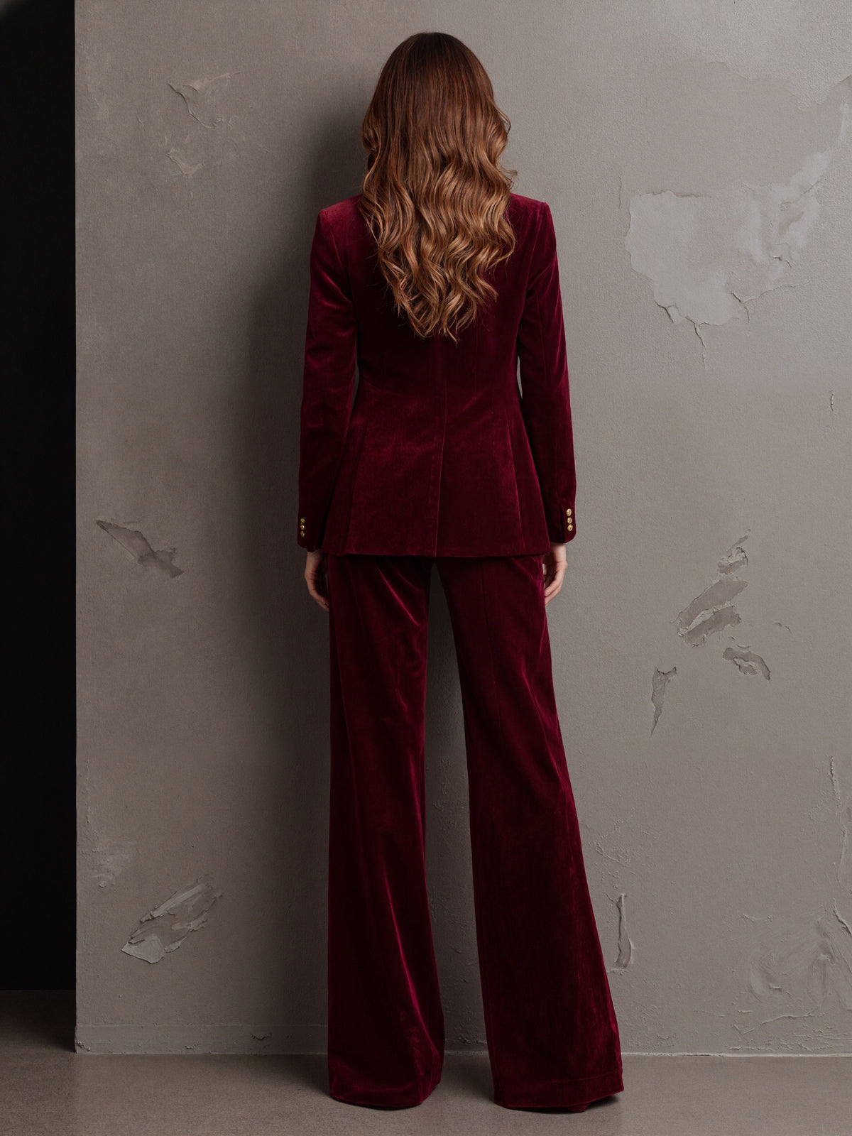Burgundy Velvet Single Breasted Blazer & Vast And Wide Leg Pants 3-Piece Suit