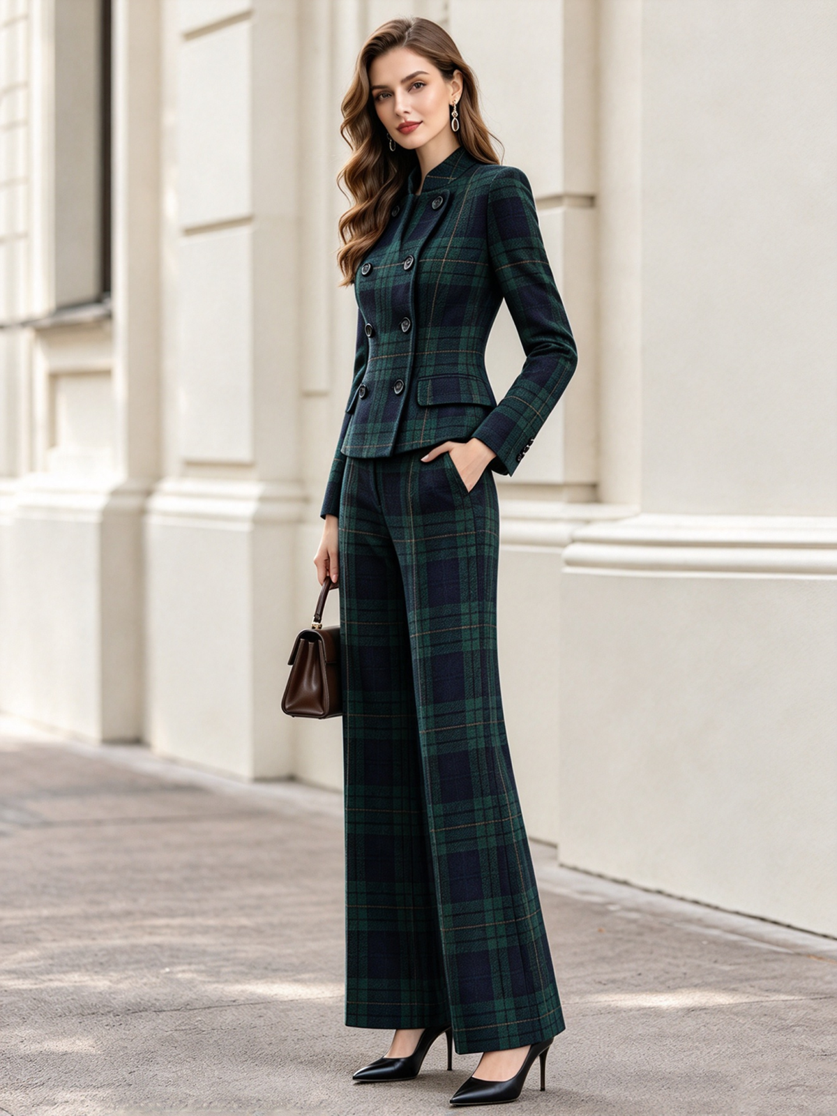 Green Plaid Tweed Stand Collar Double Breasted Blazer & Flared 2-Piece Suit