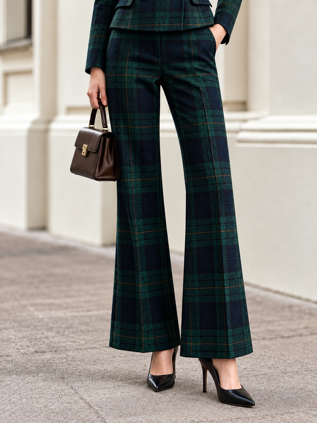 Green Plaid Tweed Stand Collar Double Breasted Blazer & Flared 2-Piece Suit