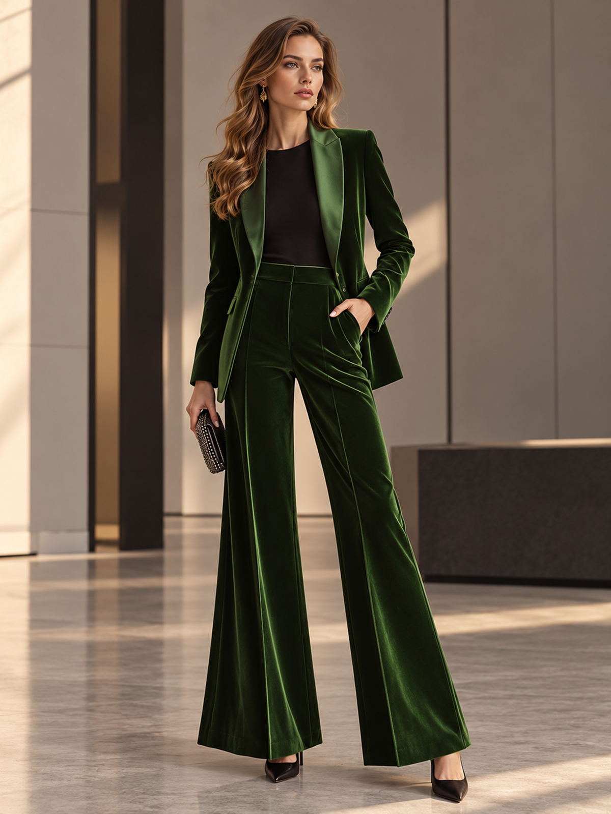 Green Shawl Lapel Single Button Blazer & Wide Leg 2-Piece Suit