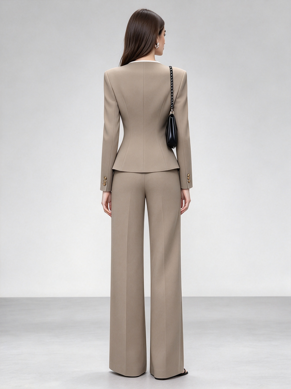 Taupe Asymmetrical Wrap 3 Button Blazer & Wide Leg 2-Piece Suit