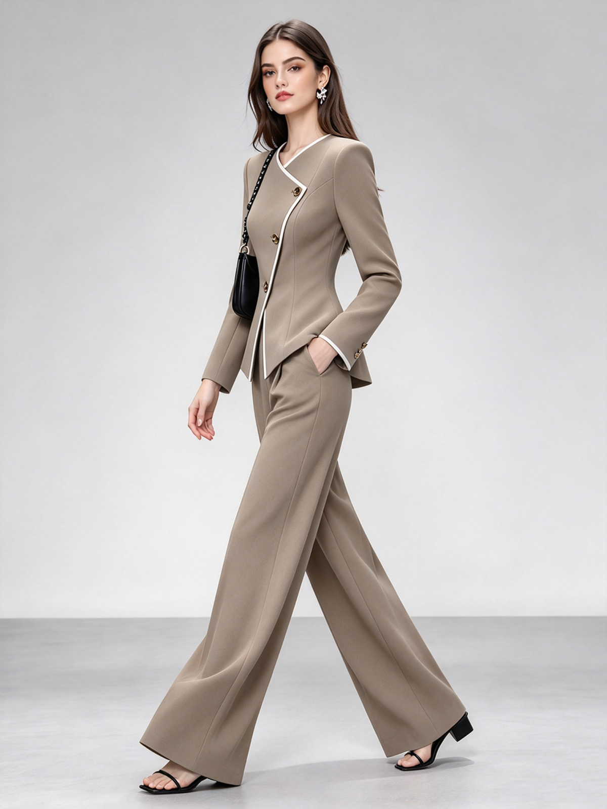 Taupe Asymmetrical Wrap 3 Button Blazer & Wide Leg 2-Piece Suit