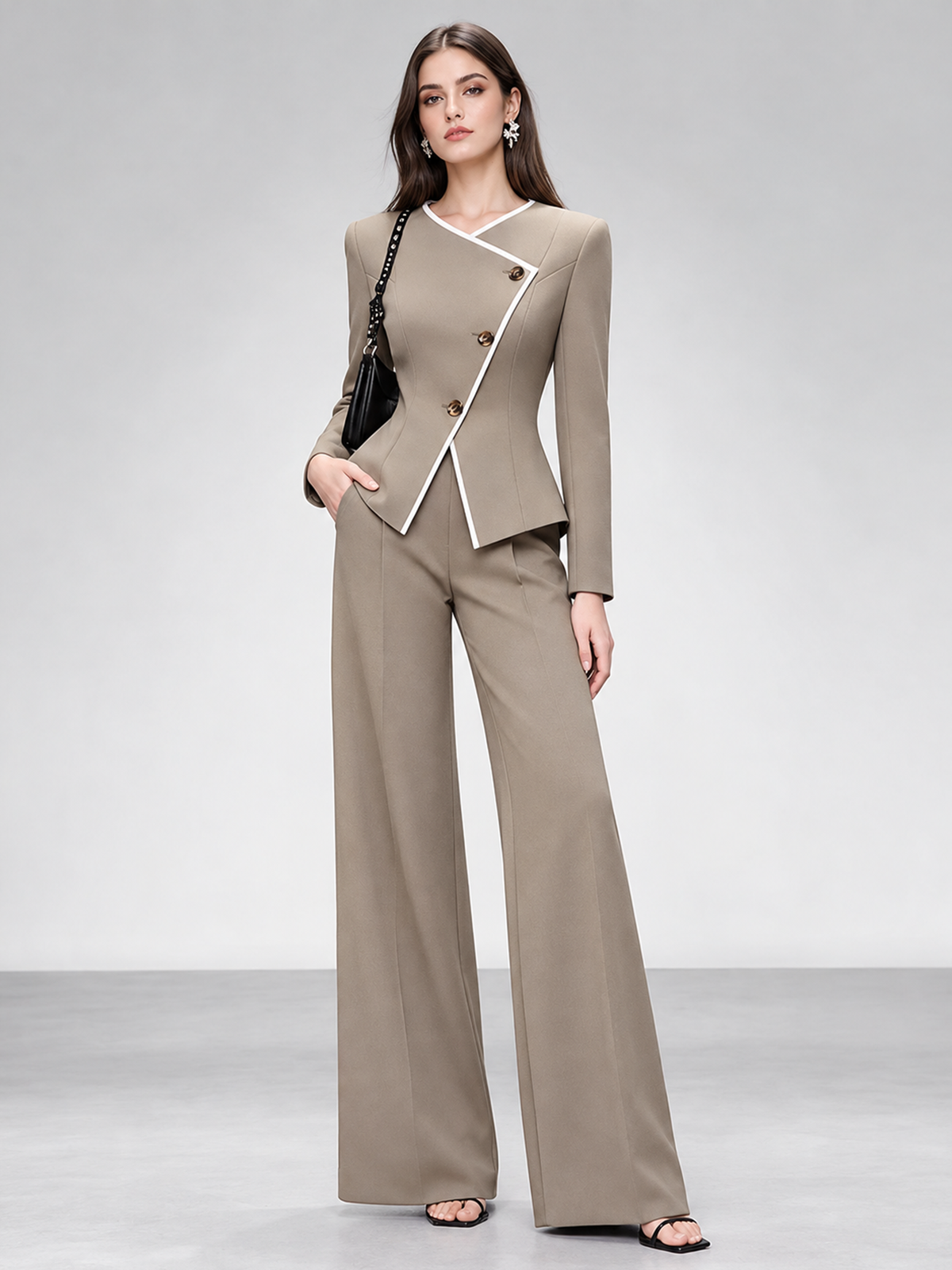 Taupe Asymmetrical Wrap 3 Button Blazer & Wide Leg 2-Piece Suit