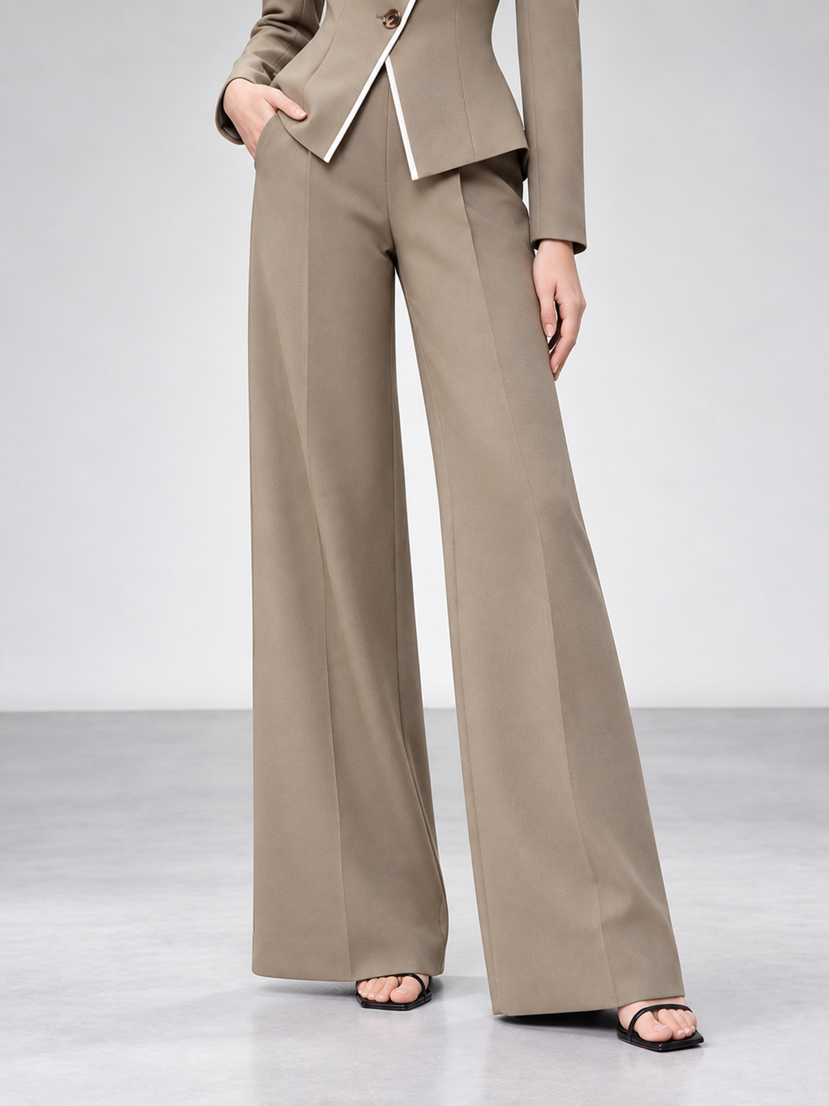 Taupe Asymmetrical Wrap 3 Button Blazer & Wide Leg 2-Piece Suit