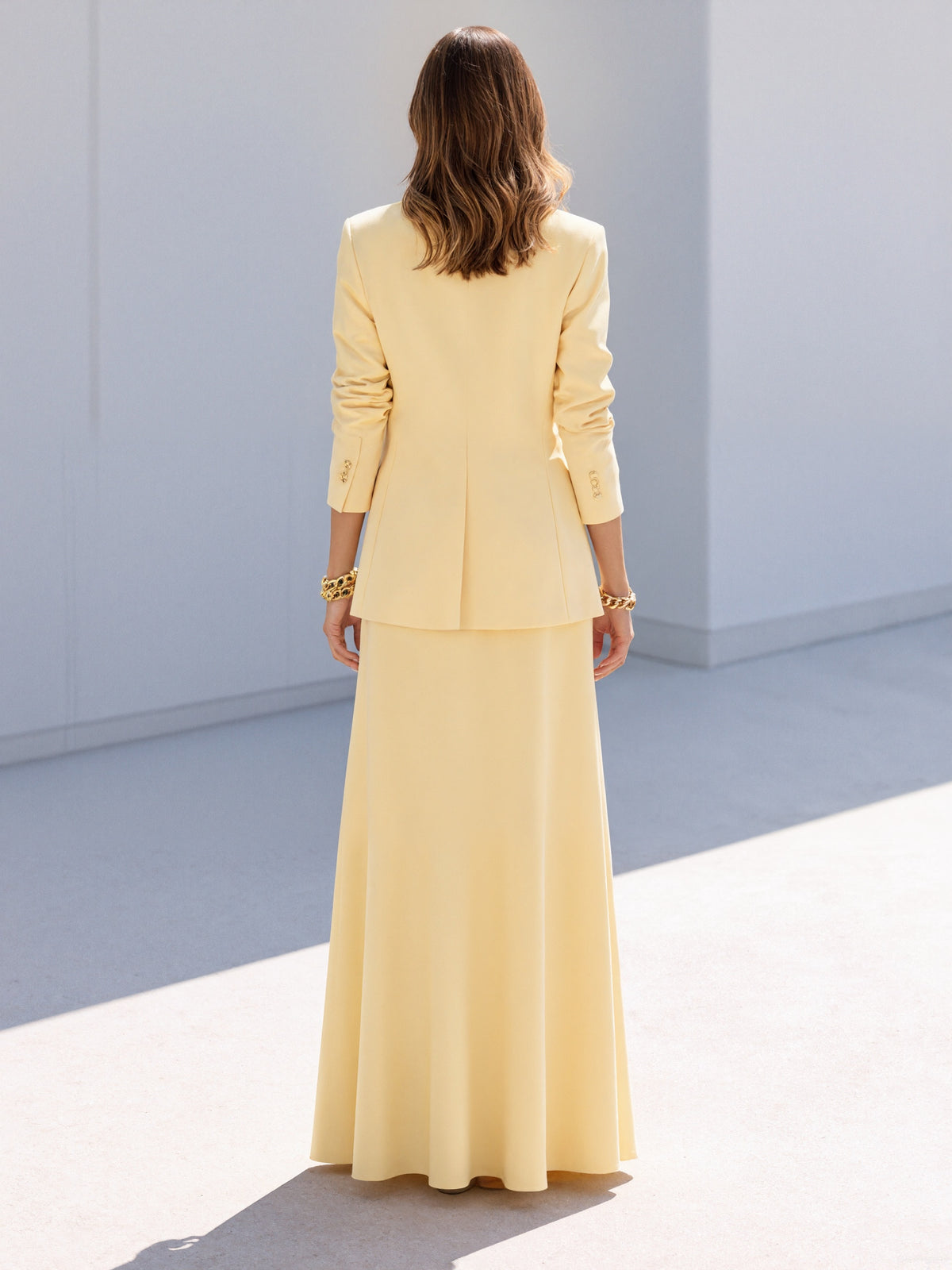 Pale Yellow Single Breasted Blazer And Long Skirt 2-Piece Suit