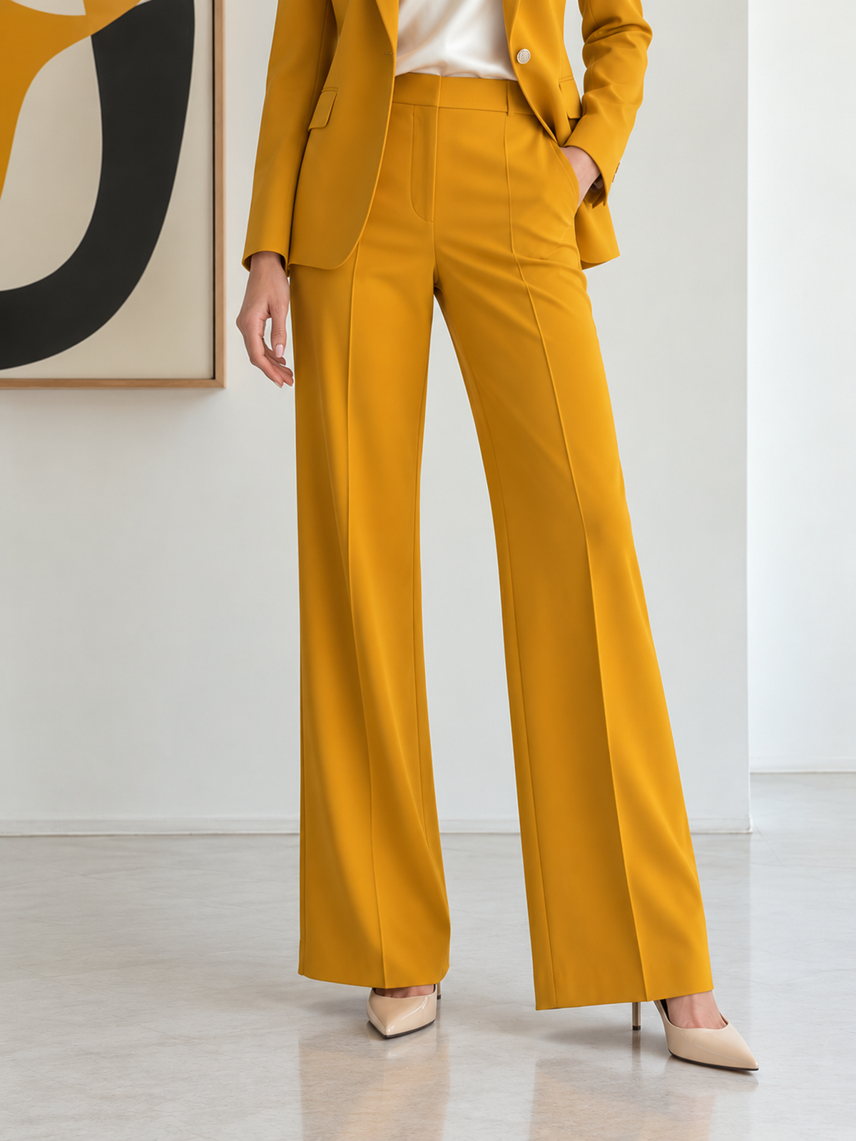 Yellow Notch Lapel Single Button Blazer & Wide Leg 2-Piece Suit