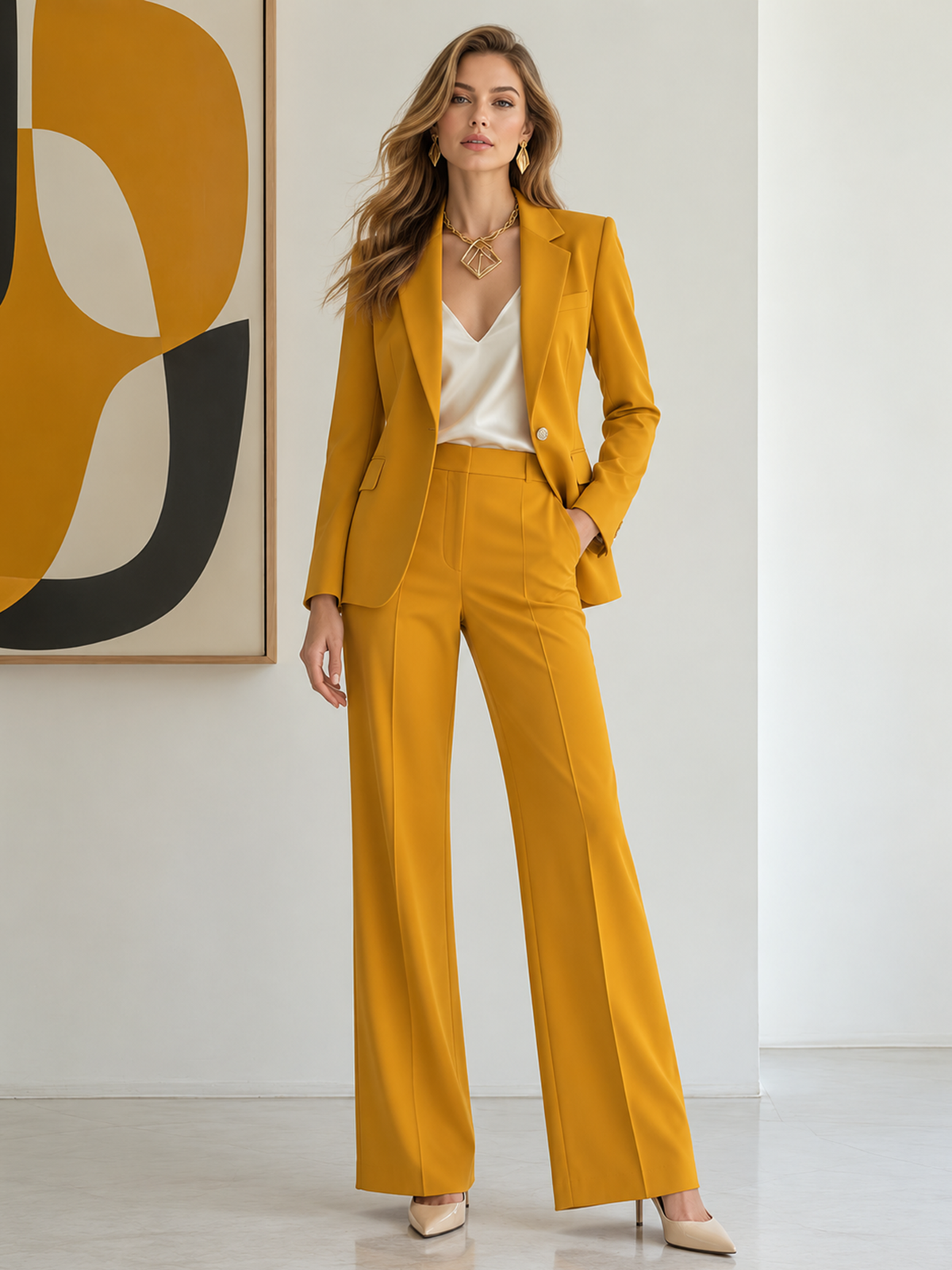 Yellow Notch Lapel Single Button Blazer & Wide Leg 2-Piece Suit