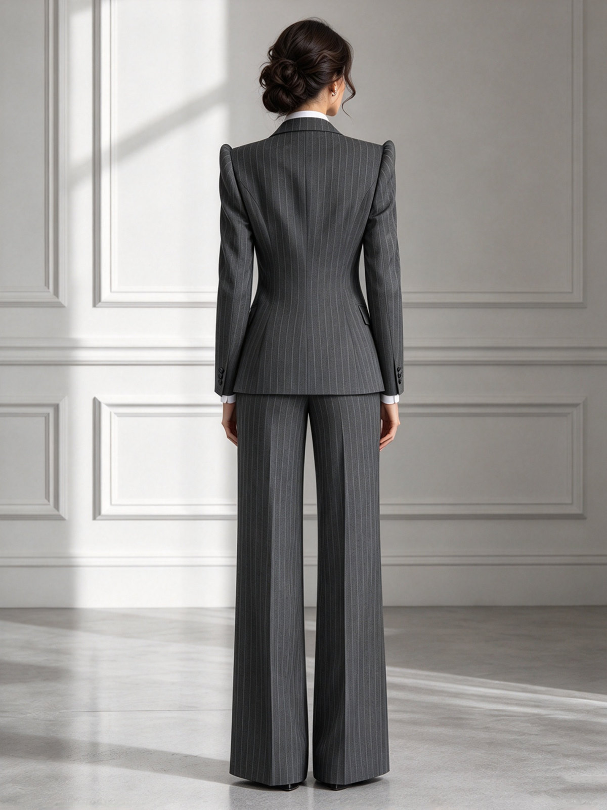 Grey Pinstripe Notch Lapel Single Button Blazer & Wide Leg 3-Piece Suit