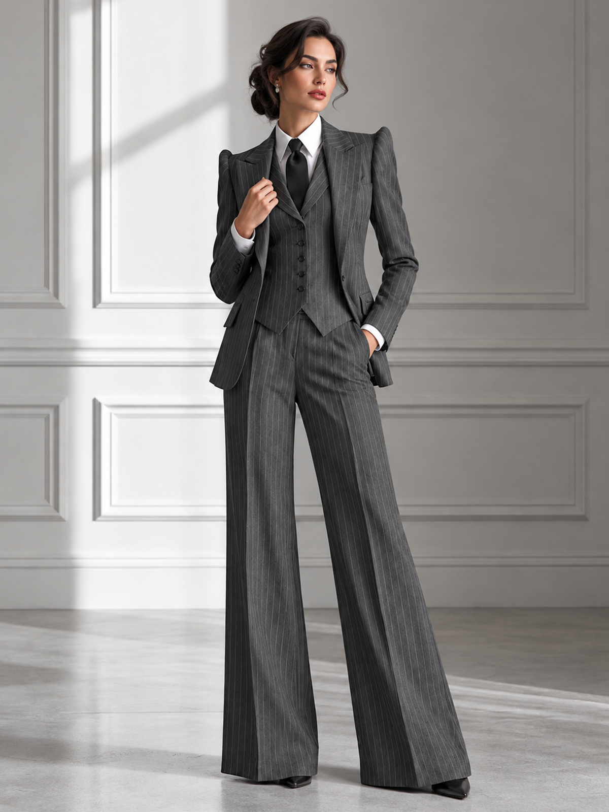 Grey Pinstripe Notch Lapel Single Button Blazer & Wide Leg 3-Piece Suit