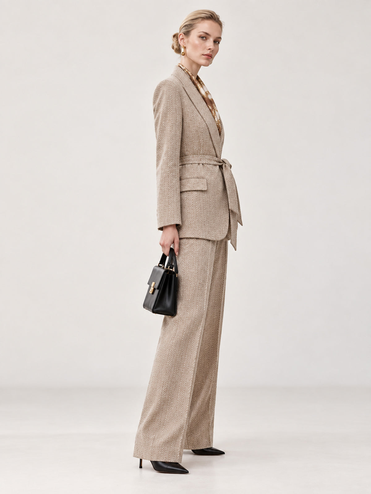 Light Beige Coffee Herringbone Tweed Notch Lapel One-Button Blazer & Wide Leg Pants 2-Piece Suit
