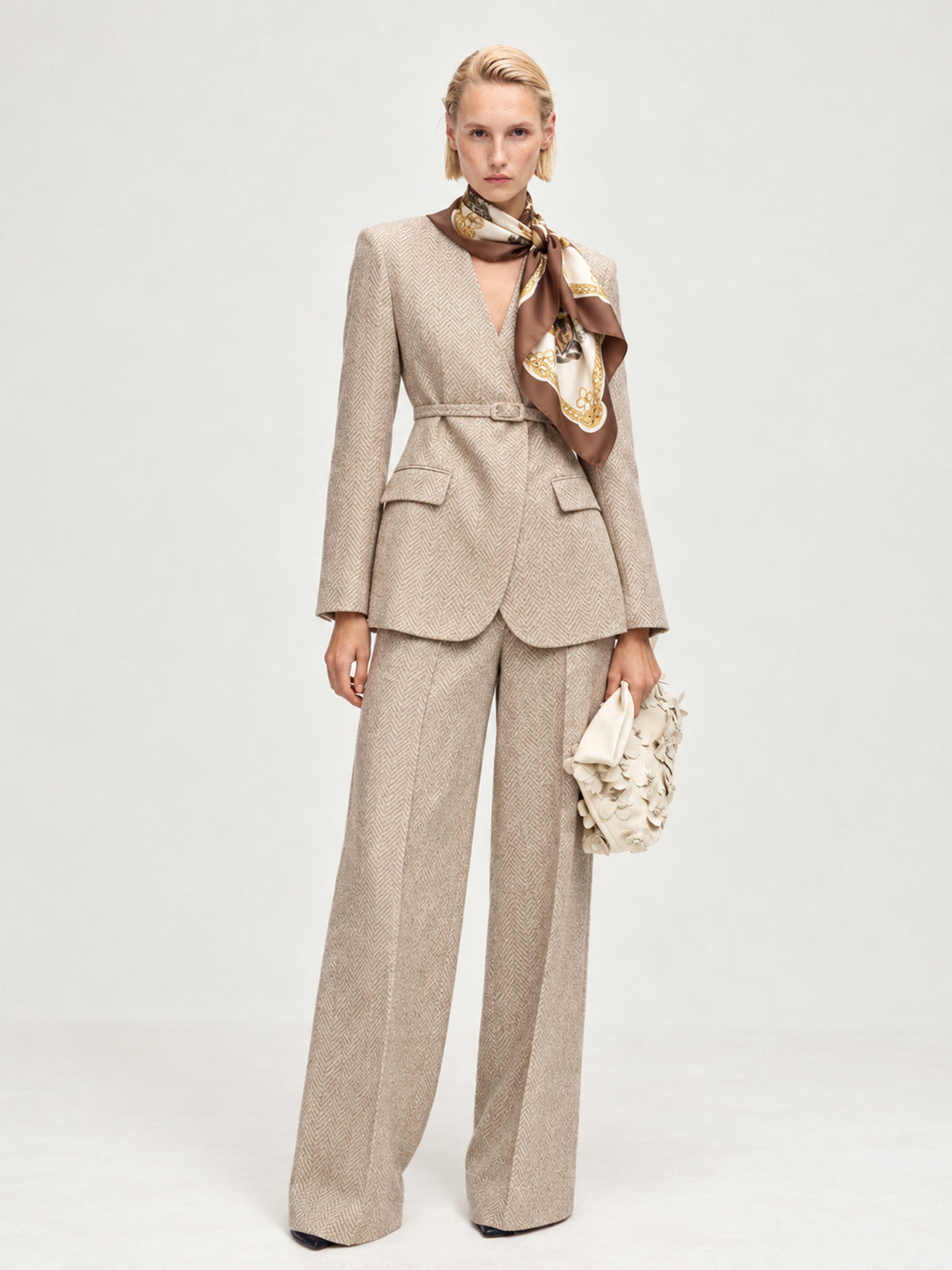 Light Beige Coffee Herringbone Tweed V-Neck Belted Blazer & Straight Leg Pants 2-Piece Suit