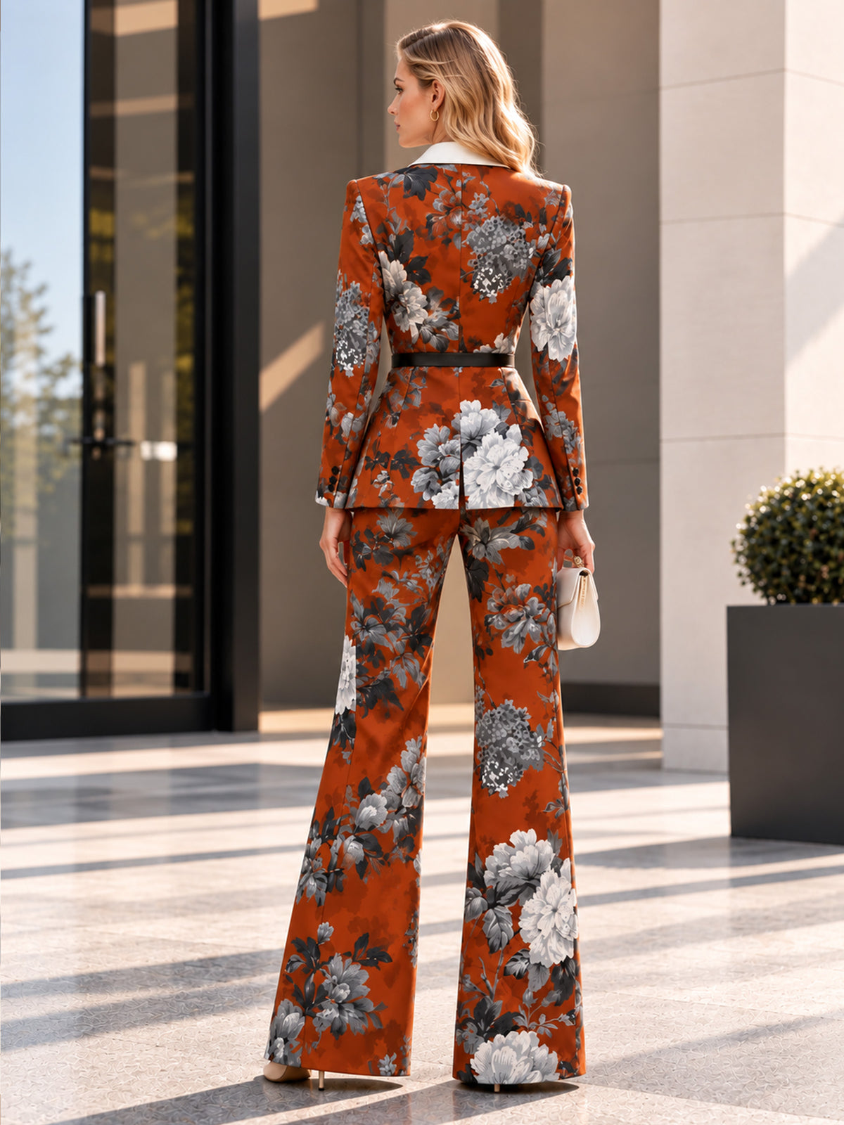 Orange Base Printed White Notch Lapel Double Breasted Blazer & Flared Pants 2-Piece Suit