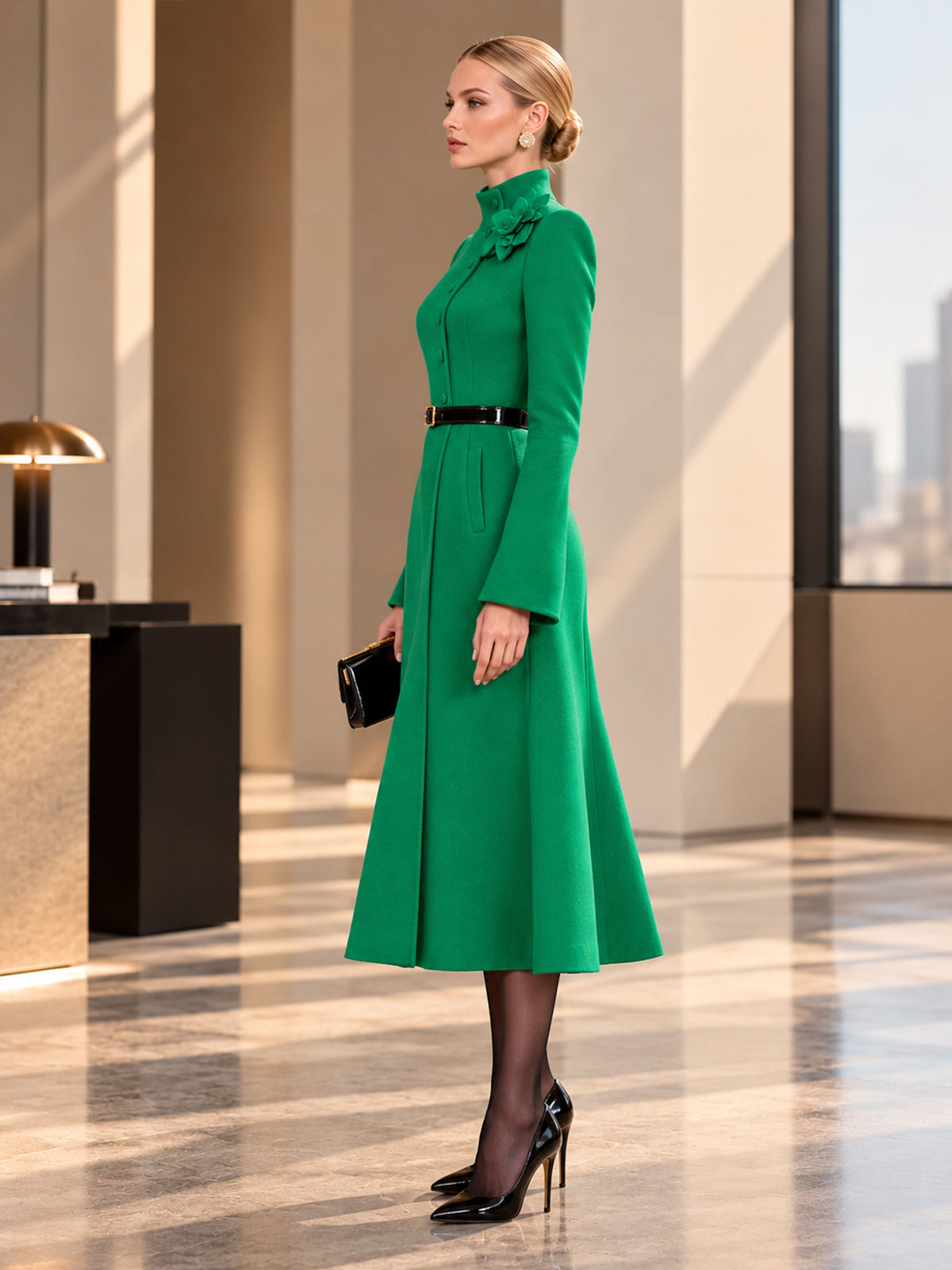 Green Stand Collar Single Breasted A-Line Long Blazer