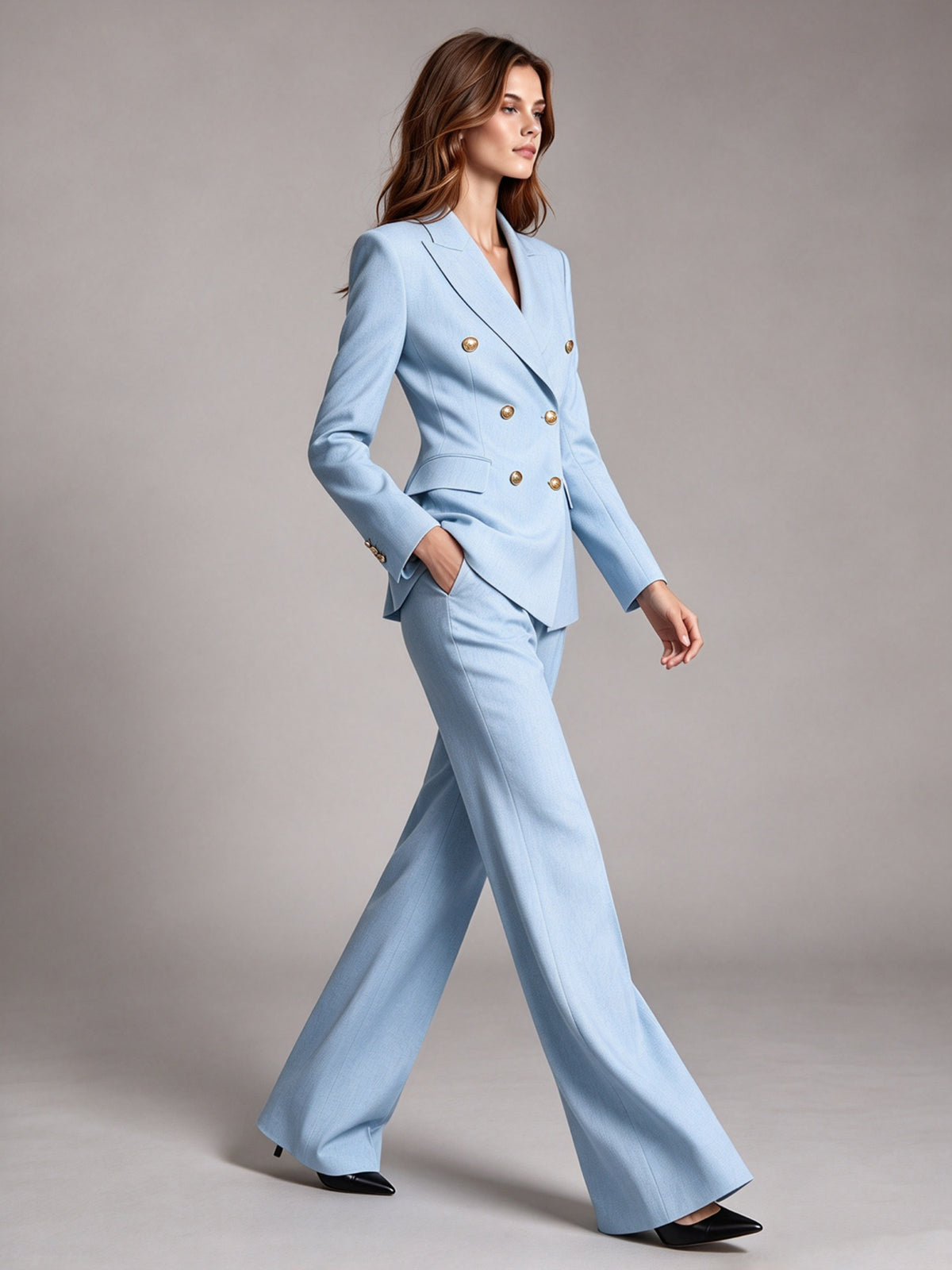 Light Blue Peak Lapel Double Breasted Blazer & Flared Trousers 2-Piece Suit