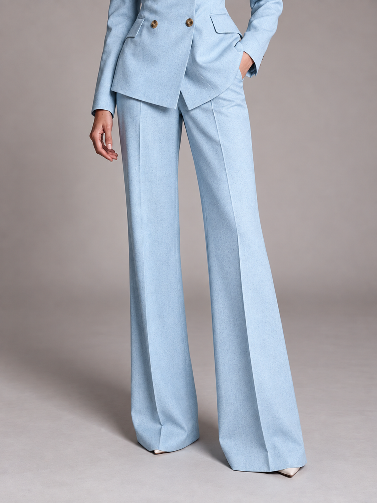 Light Blue Peak Lapel Double Breasted Blazer & Flared Trousers 2-Piece Suit