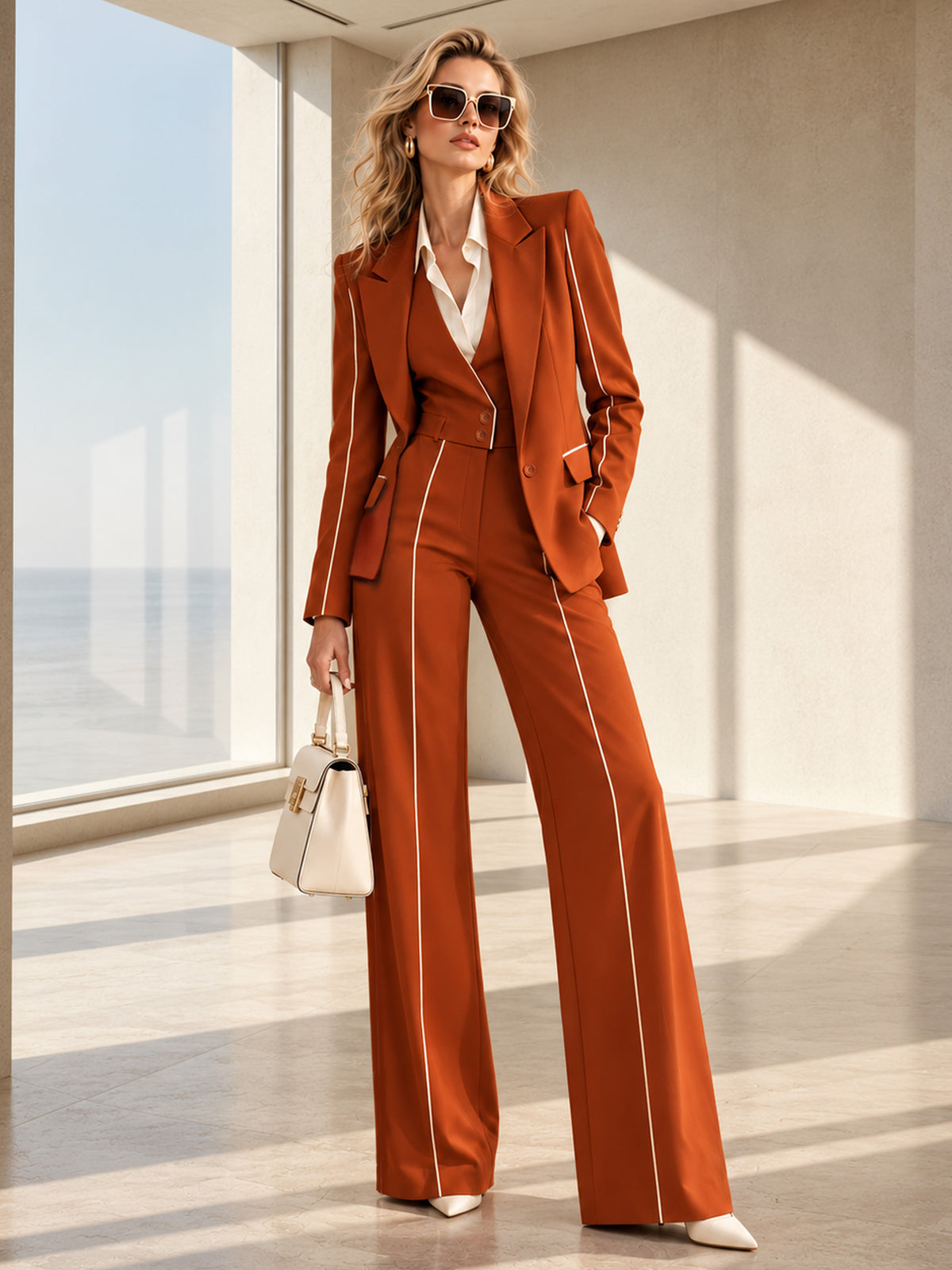Orange-Brown Peak Lapel One-Button Blazer + Two-Button Vest + Wide Leg Pants 3-Piece Suit