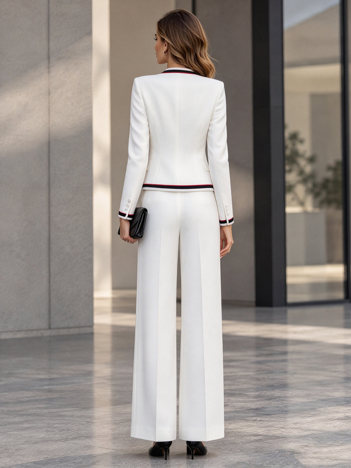 White Mandarin Stand Collar Single Button Blazer & Wide Leg Trousers 2-Piece Suit