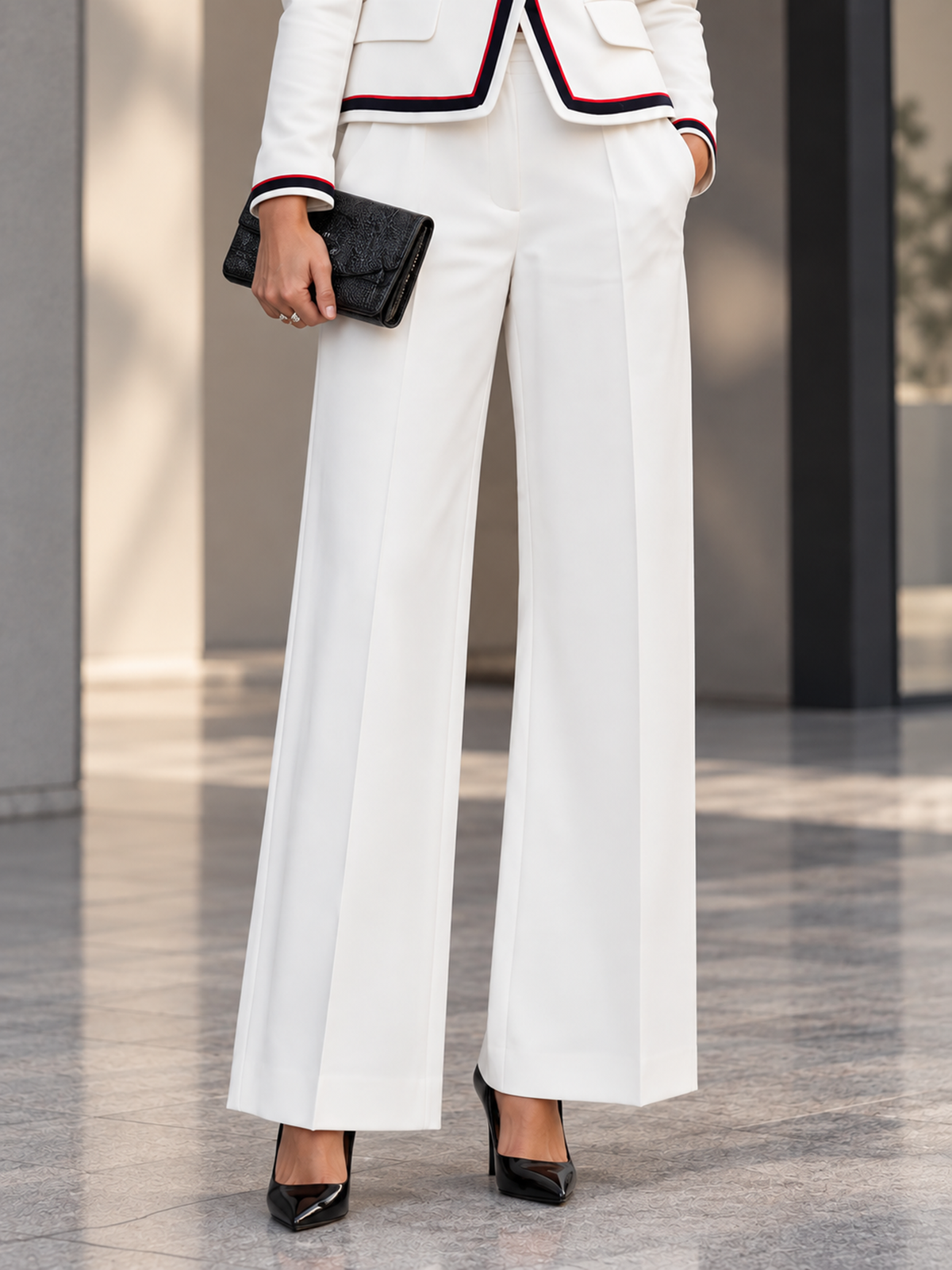 White Mandarin Stand Collar Single Button Blazer & Wide Leg Trousers 2-Piece Suit