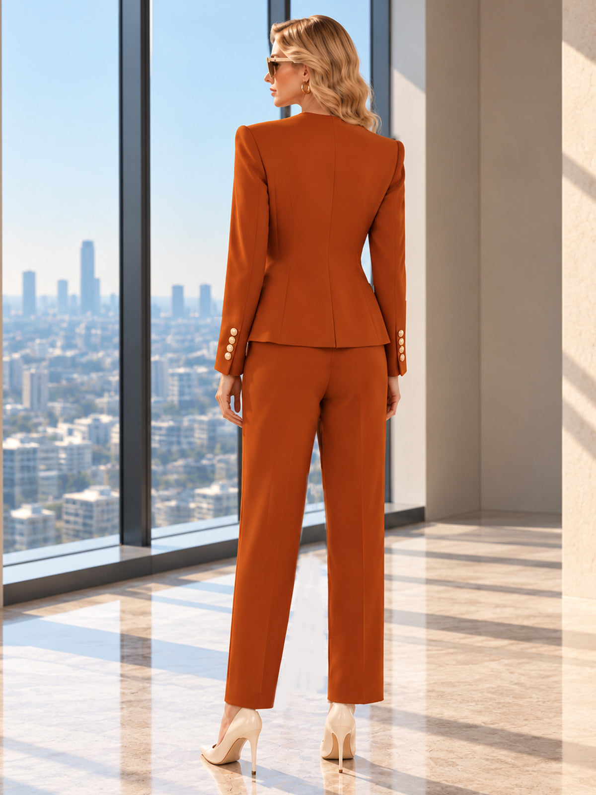 Orange-Brown Round Neck Asymmetric Placket Short Blazer & Harem Pants 2-Piece Suit