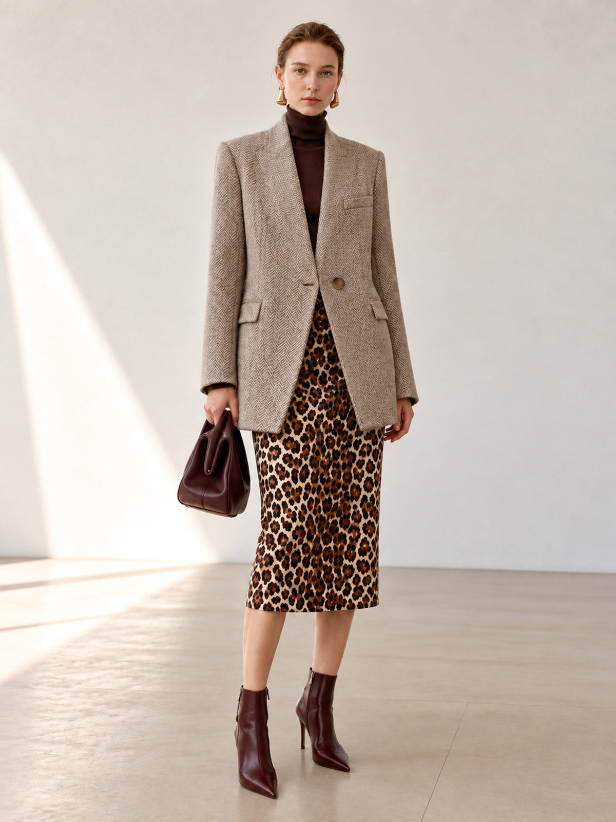 Dark Grey Oat Herringbone V-Neck Collarless One-Button Straight Blazer & Leopard Midi Bodycon Skirt 2-Piece Suit