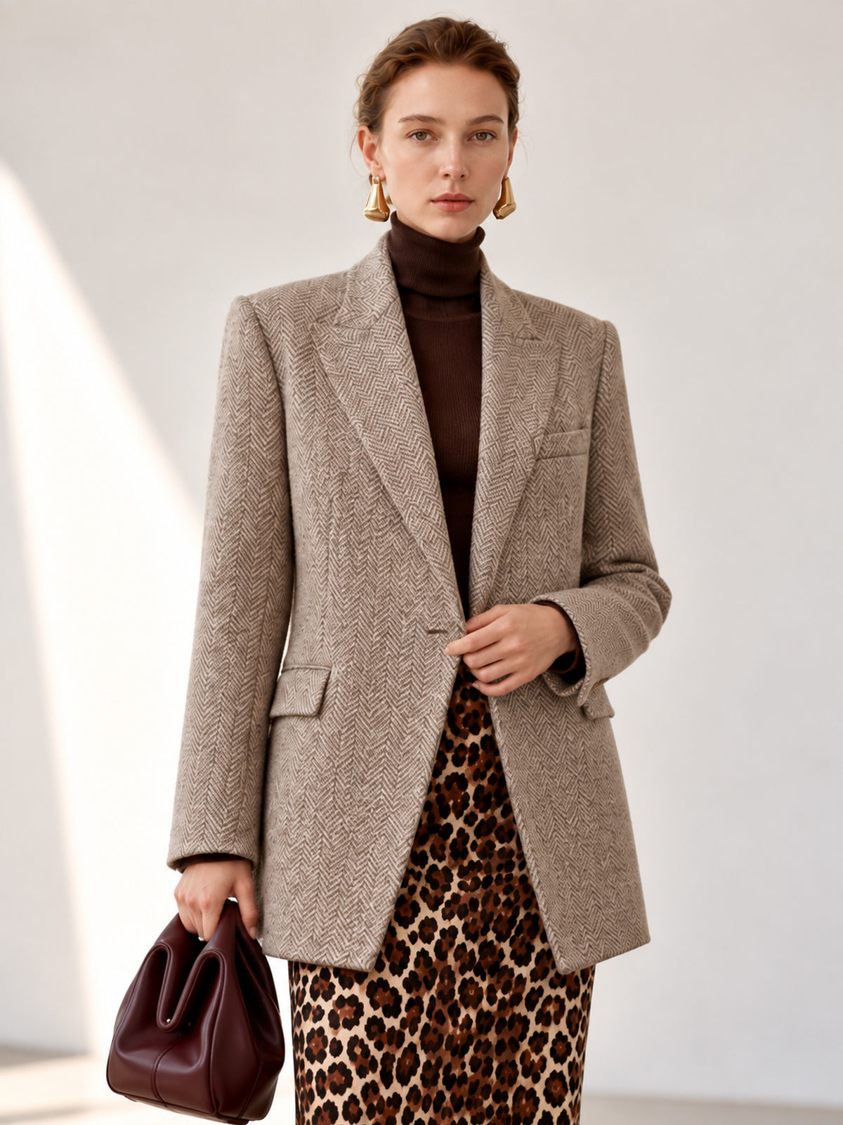 Dark Grey Oat Herringbone V-Neck Collarless One-Button Straight Blazer & Leopard Midi Bodycon Skirt 2-Piece Suit