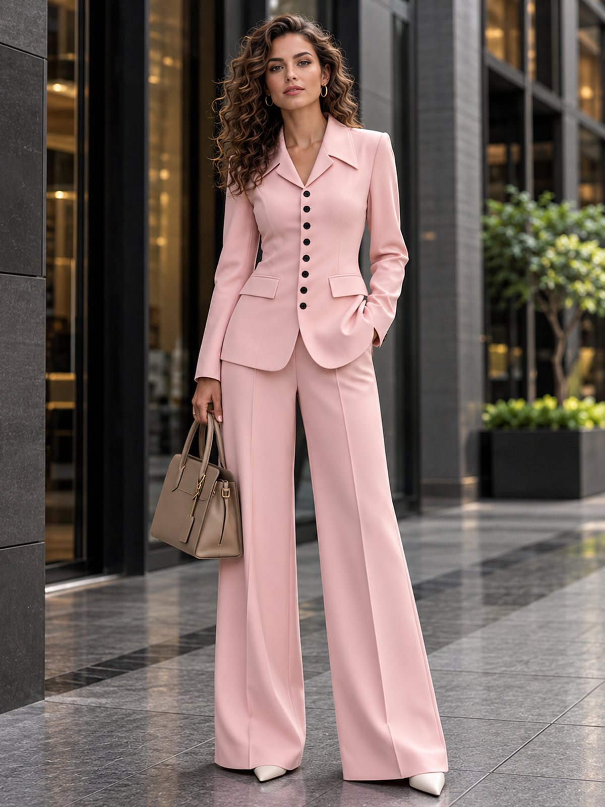Pink Notch Lapel Multi Button Blazer & Wide Leg Trousers 2-Piece Suit