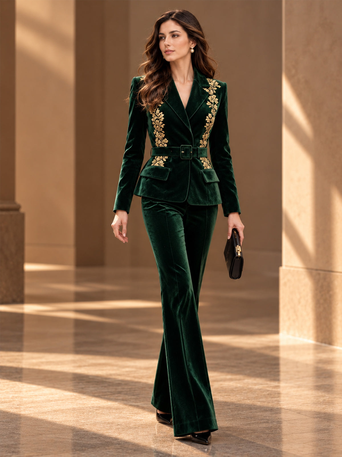 Dark Green Velvet Notch Lapel Blazer with Gold Embroidery & Waist Belt + Flared Pants 2-Piece Suit