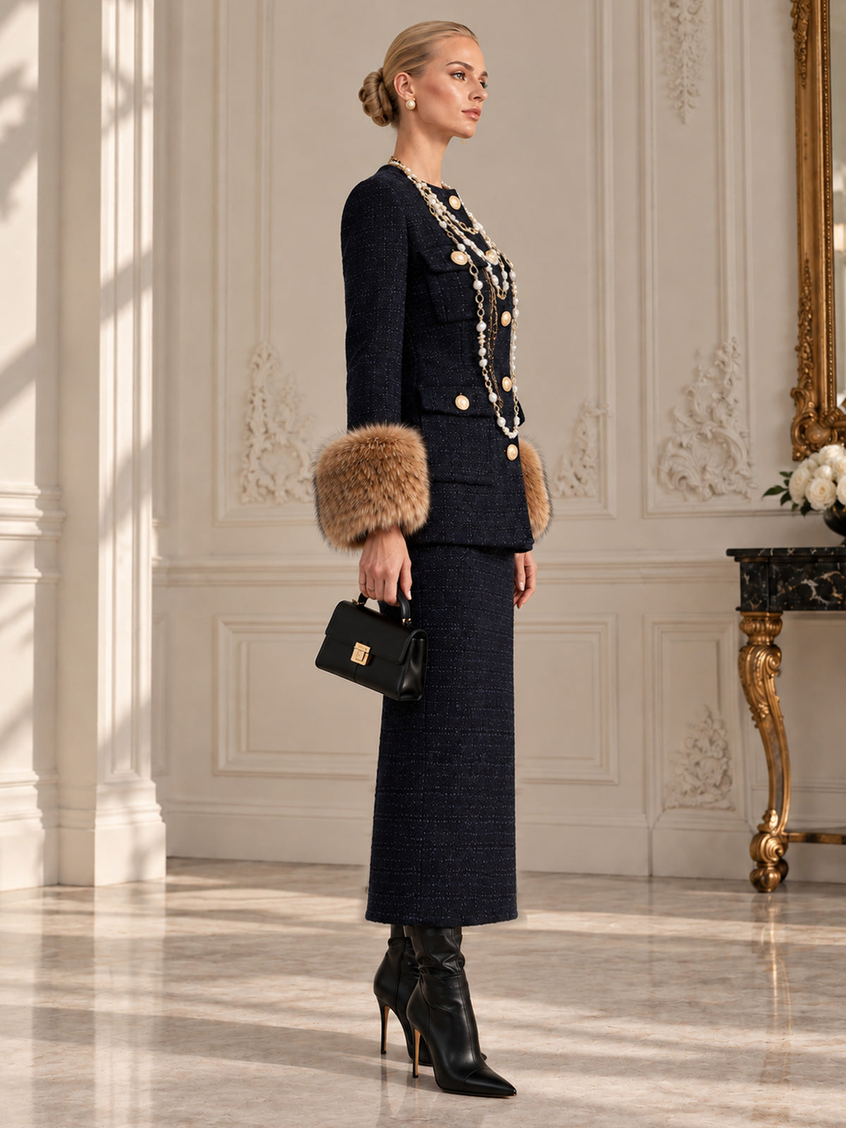 Dark Navy Small Check Tweed Round Neck Single Breasted Four-Pocket Blazer & Long Midi Skirt 2-Piece Suit
