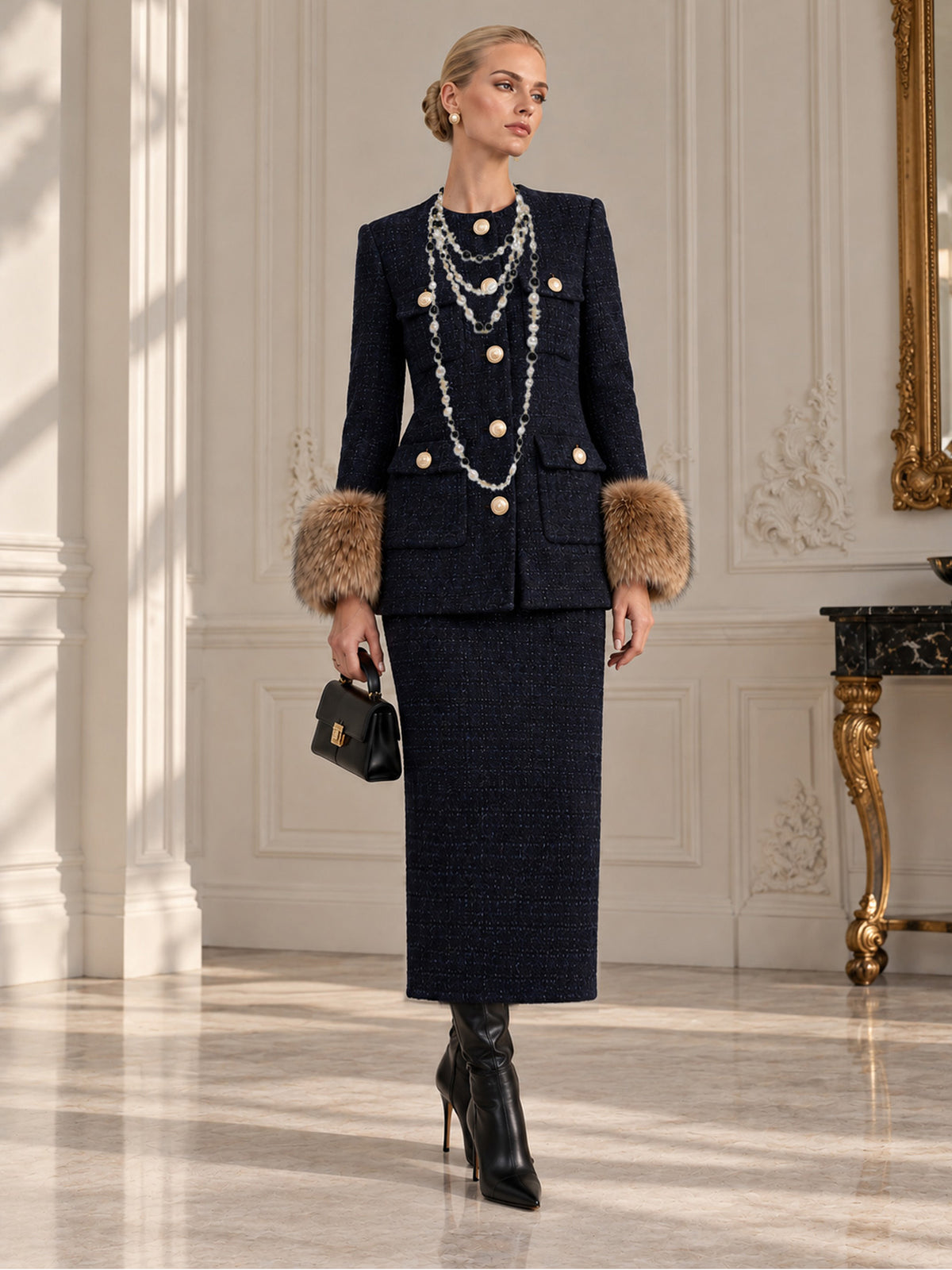 Dark Navy Small Check Tweed Round Neck Single Breasted Four-Pocket Blazer & Long Midi Skirt 2-Piece Suit