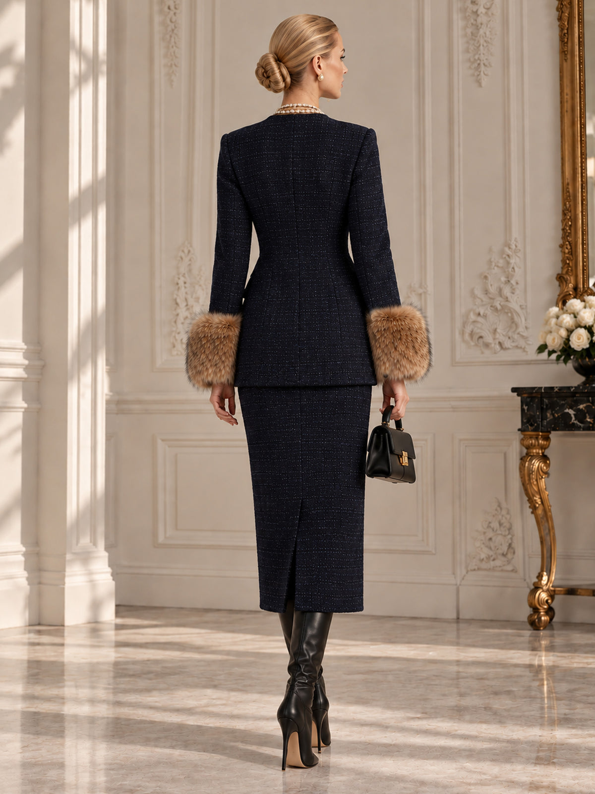 Dark Navy Small Check Tweed Round Neck Single Breasted Four-Pocket Blazer & Long Midi Skirt 2-Piece Suit