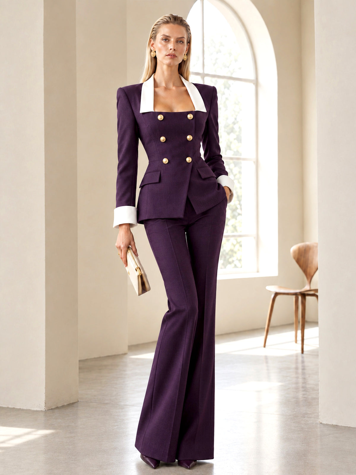 Deep Purple Square Neck Double Breasted Blazer & Flared Pants 2-Piece Suit