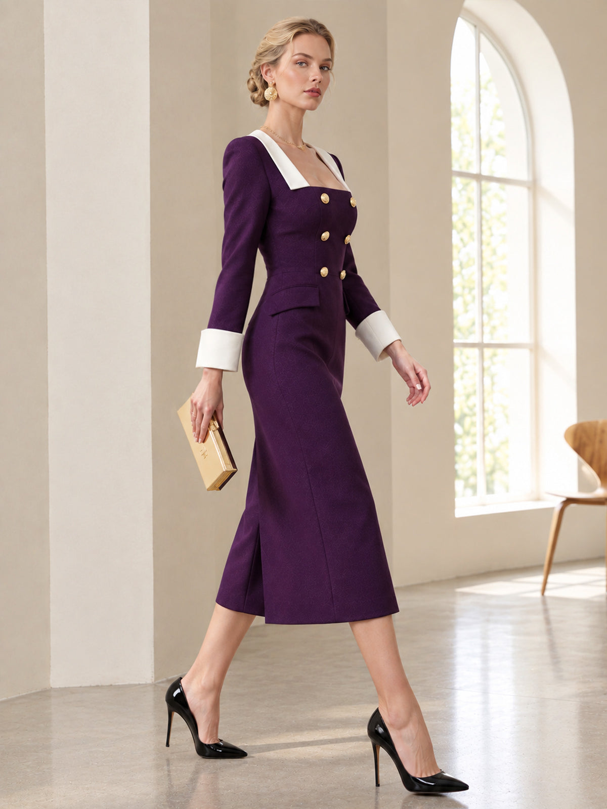 Deep Purple Square Neck Double Breasted Wrap Midi Suit Dresses