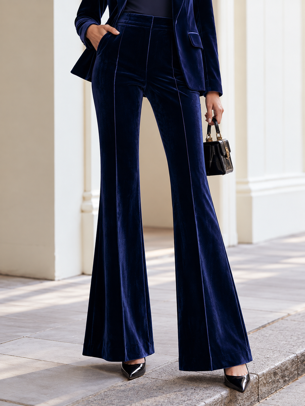 Navy Peak Lapel Two Button Blazer & Flared Pants 2-Piece Suit