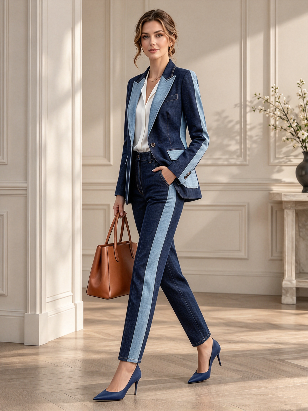 Dark Blue Denim Notch Lapel Single Button Blazer & Slim Trousers 2-Piece Suit