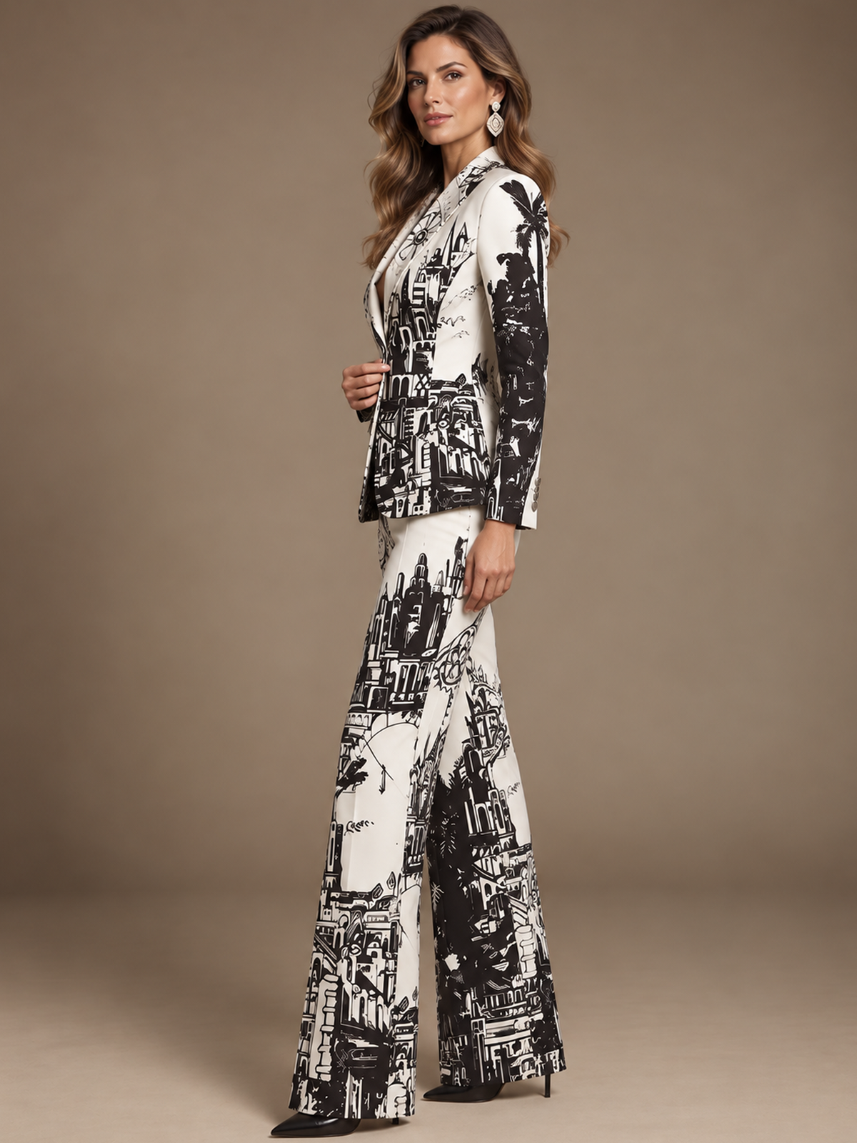 White Illustrated Print Peak Lapel Blazer And Flared Pants 2-Piece Suit