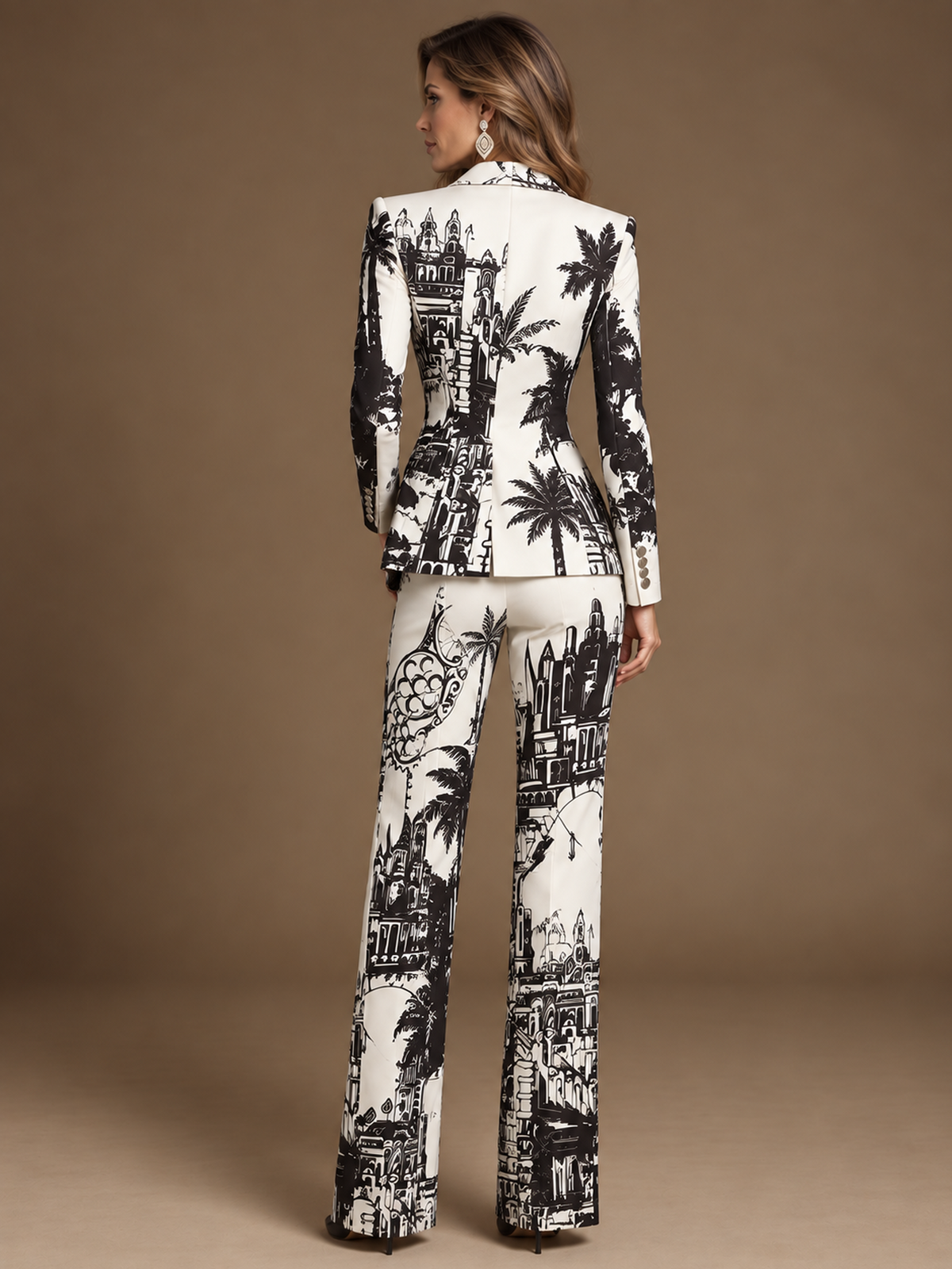 White Illustrated Print Peak Lapel Blazer And Flared Pants 2-Piece Suit