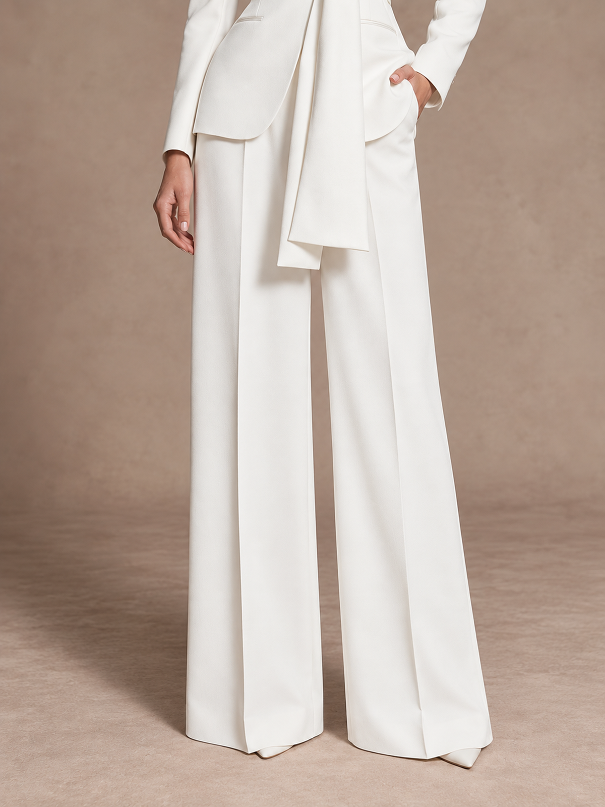 White Shawl Lapel Belted Blazer & Wide Leg Trousers 2-Piece Suit